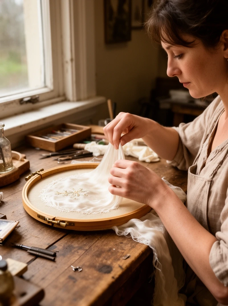 Dłonie hafciarki przy tamborku z jedwabiem