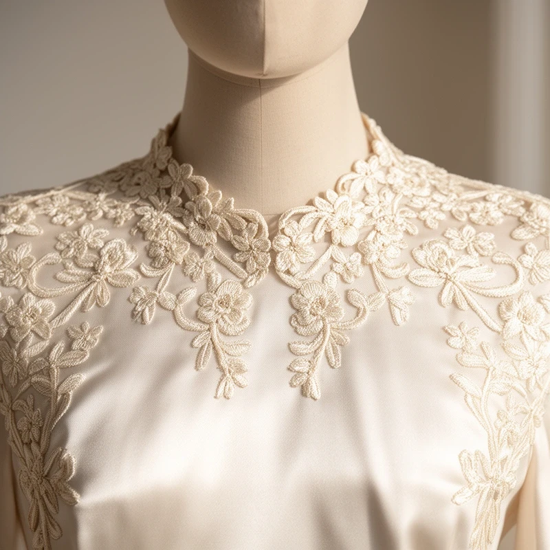 Haft jedwabny na kołnierzu sukni ślubnej