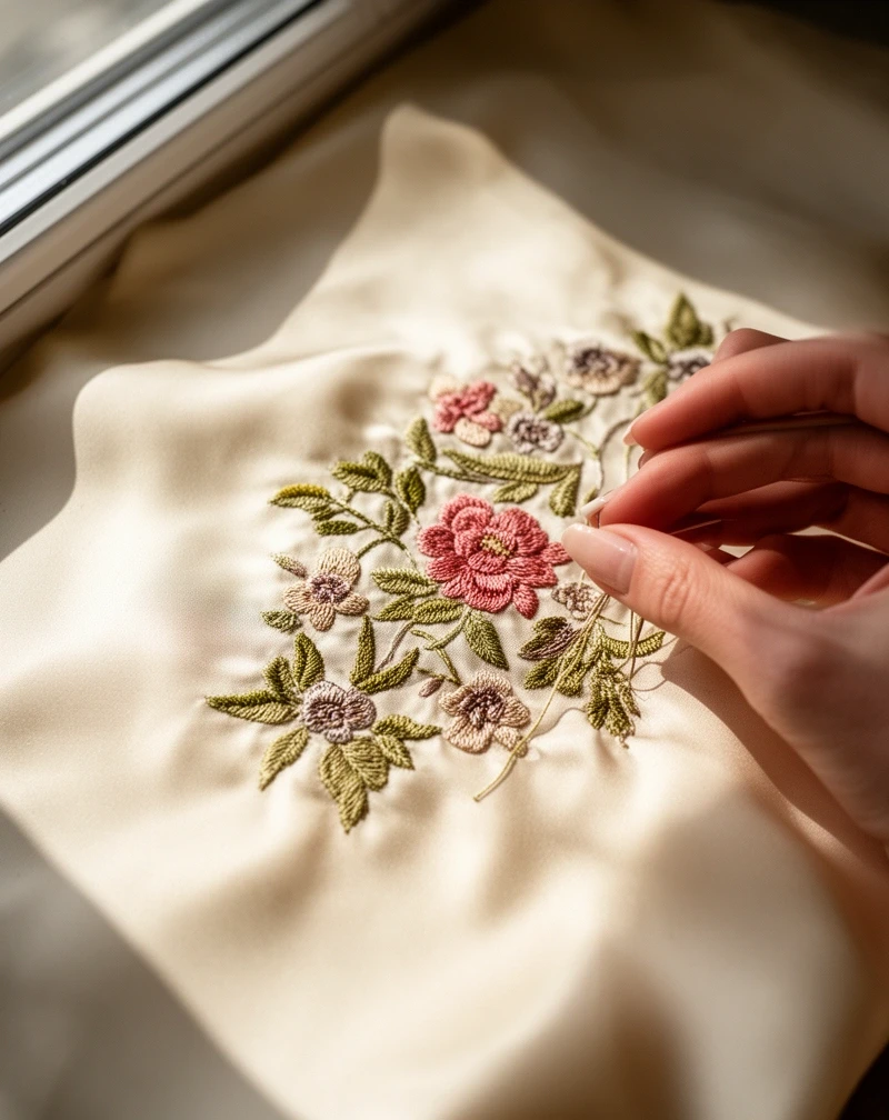 Haft jedwabny na jedwabnym tle